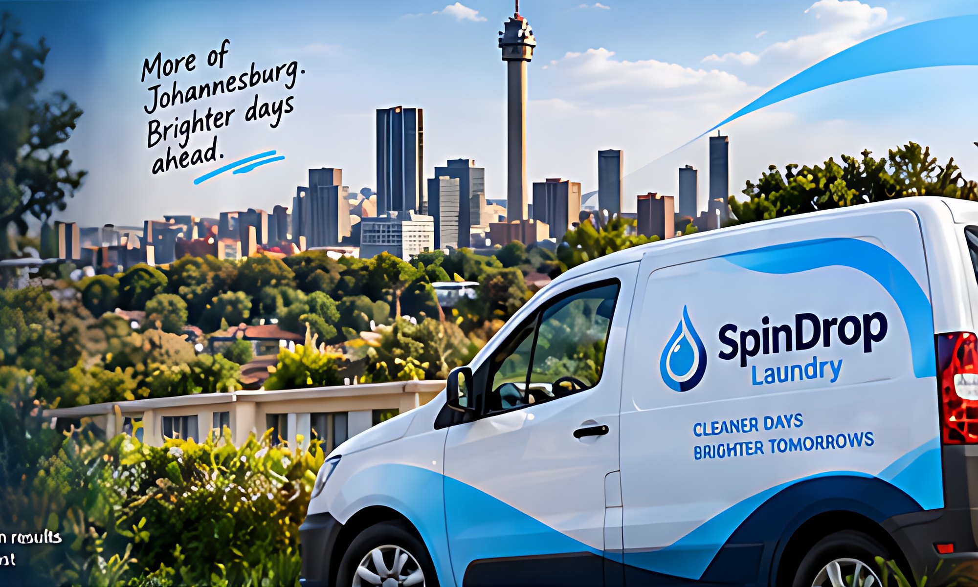 SpinDrop Laundry team member with fresh laundry and the SpinDrop van