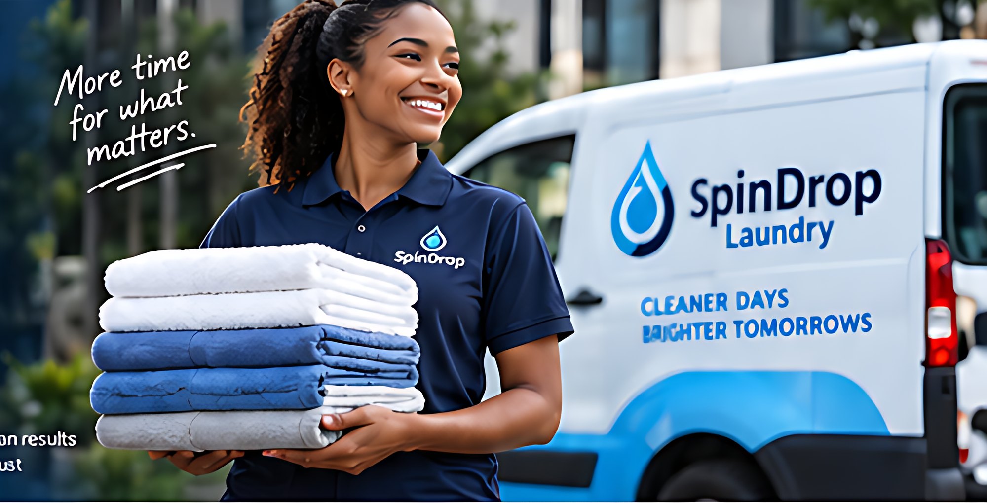 SpinDrop Laundry team member with fresh laundry and the SpinDrop van