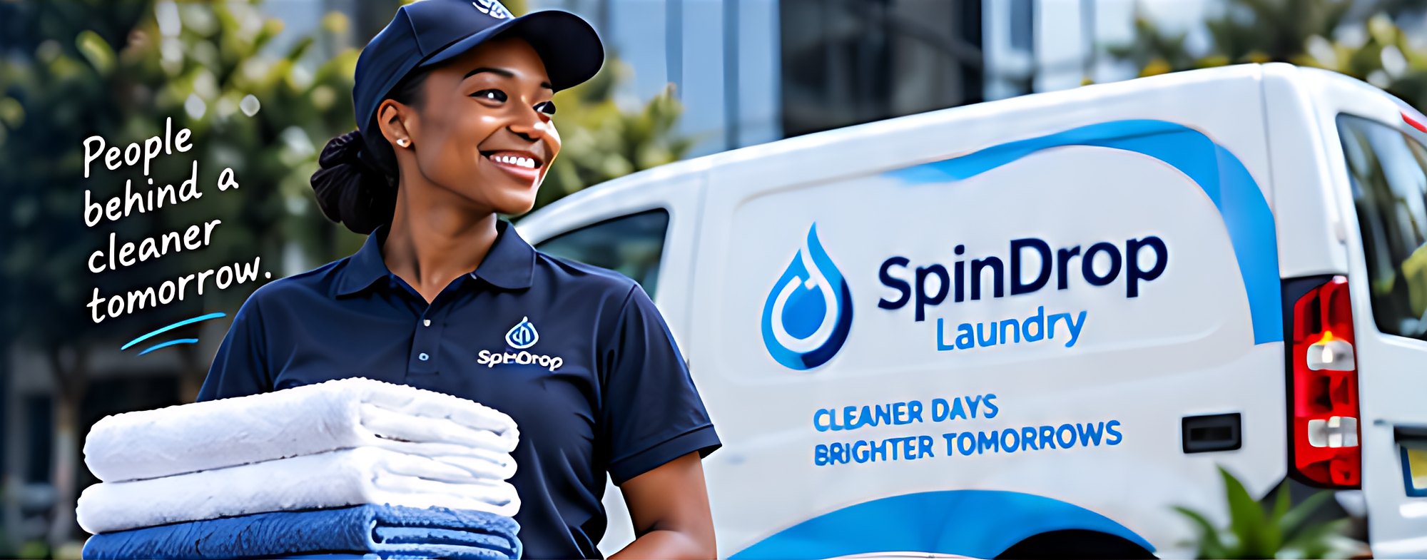 SpinDrop Laundry team member with fresh laundry and the SpinDrop van