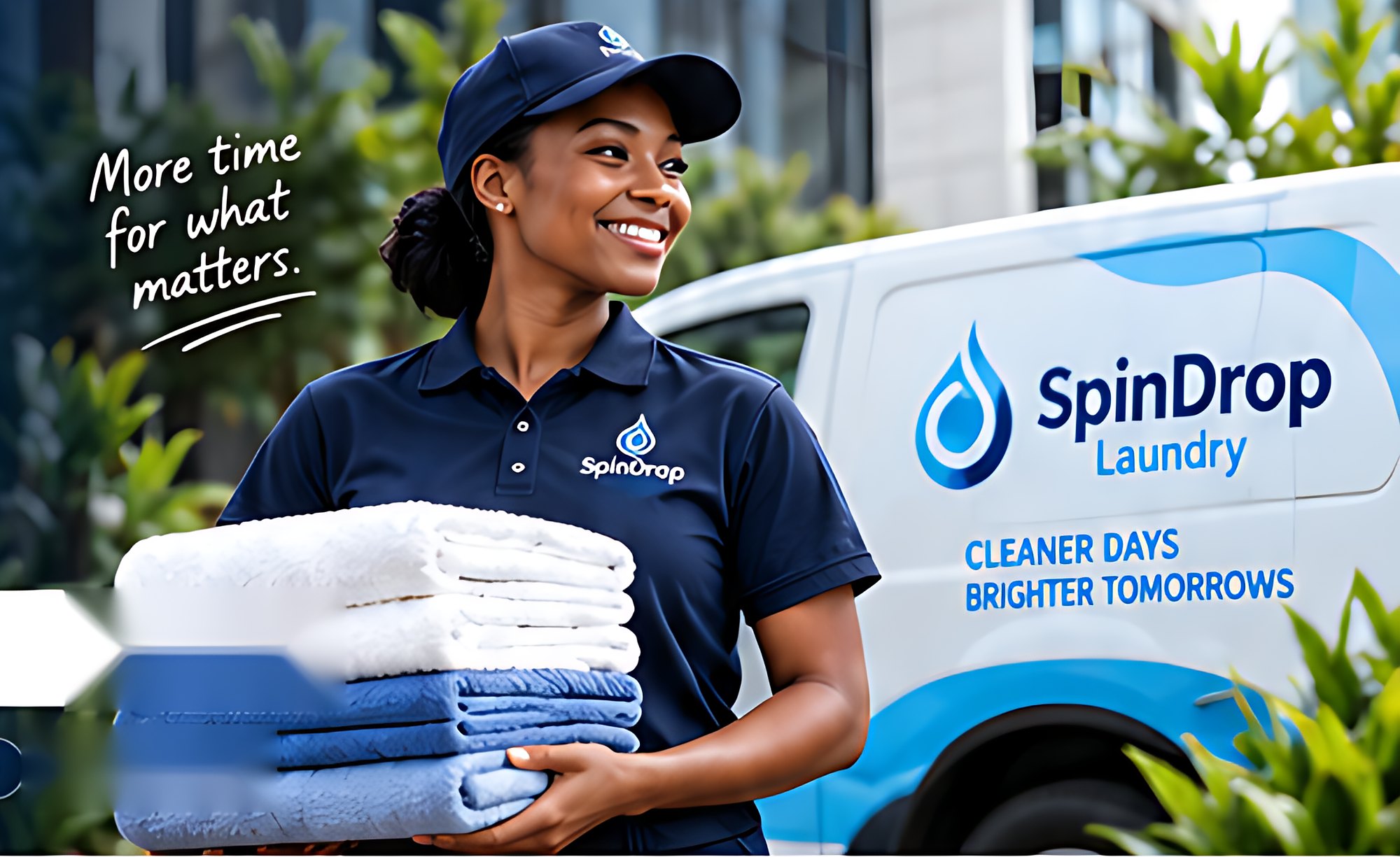SpinDrop Laundry team member with fresh laundry and the SpinDrop van