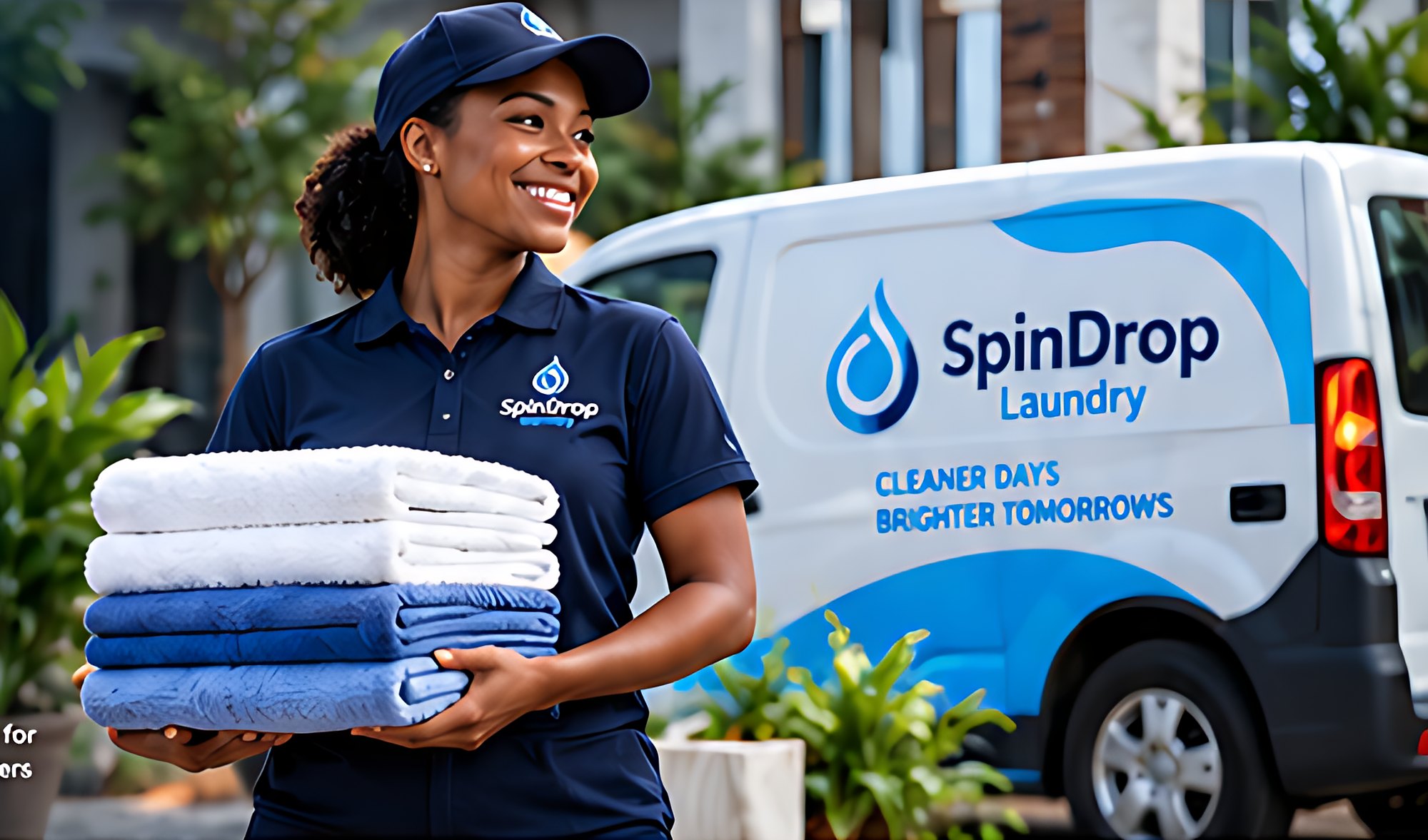 SpinDrop Laundry team member with fresh laundry and the SpinDrop van