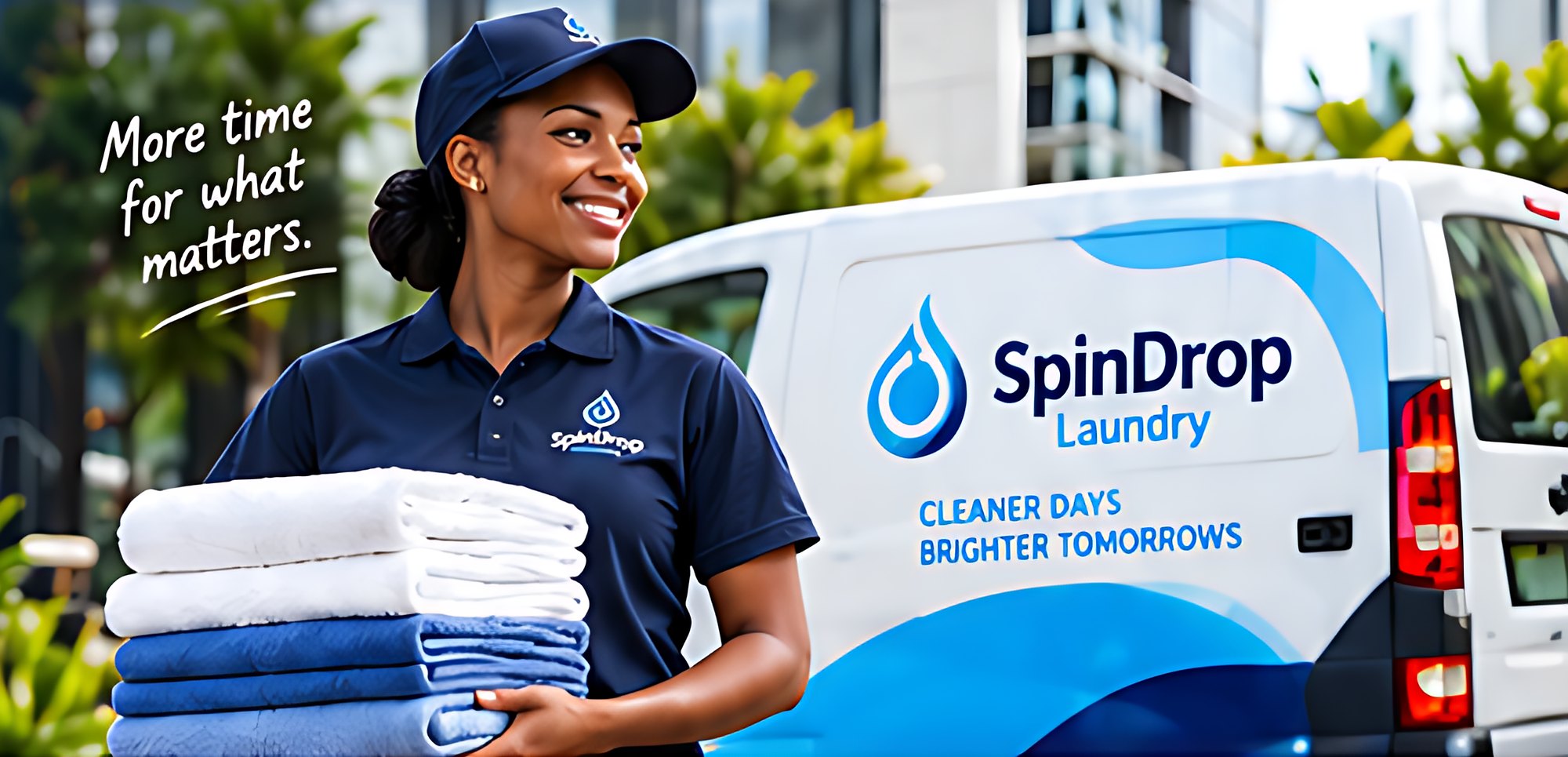 SpinDrop Laundry team member with fresh laundry and the SpinDrop van