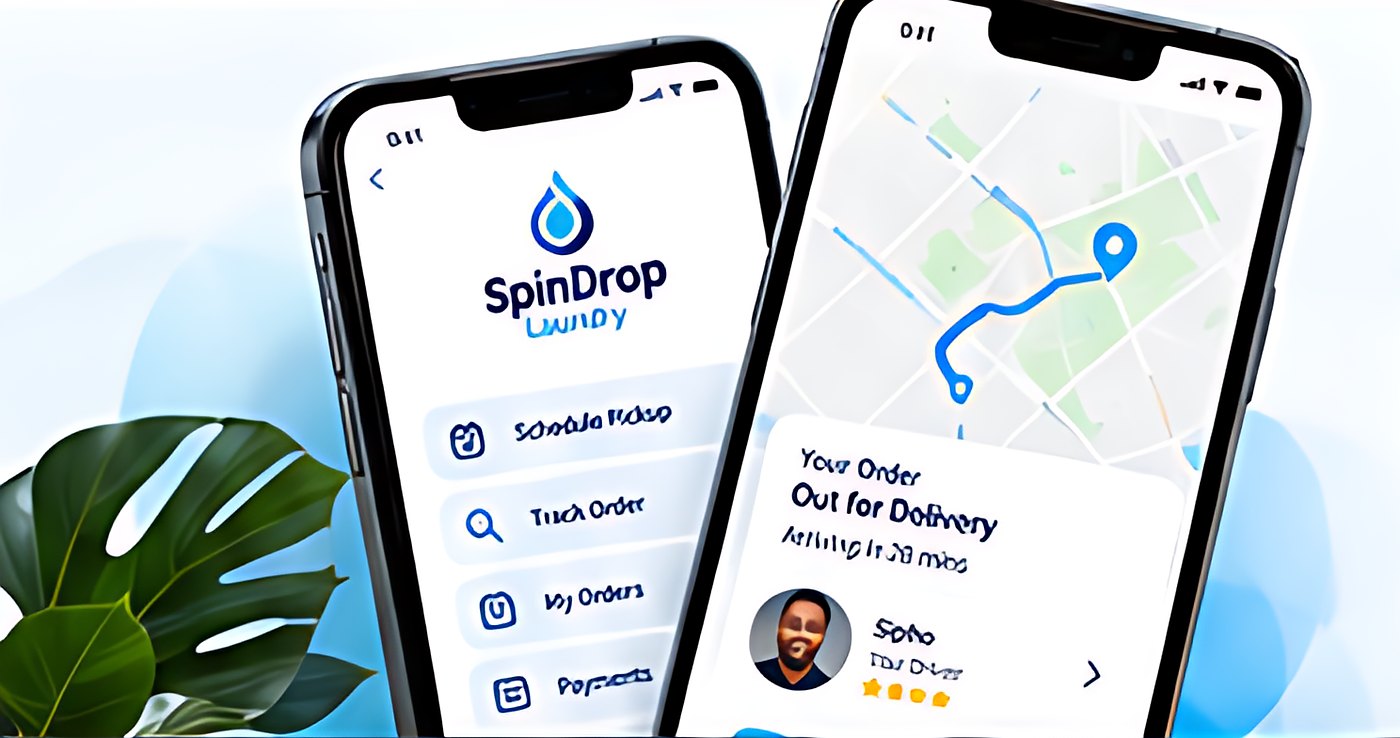 SpinDrop app on two phones showing bookings and live delivery tracking