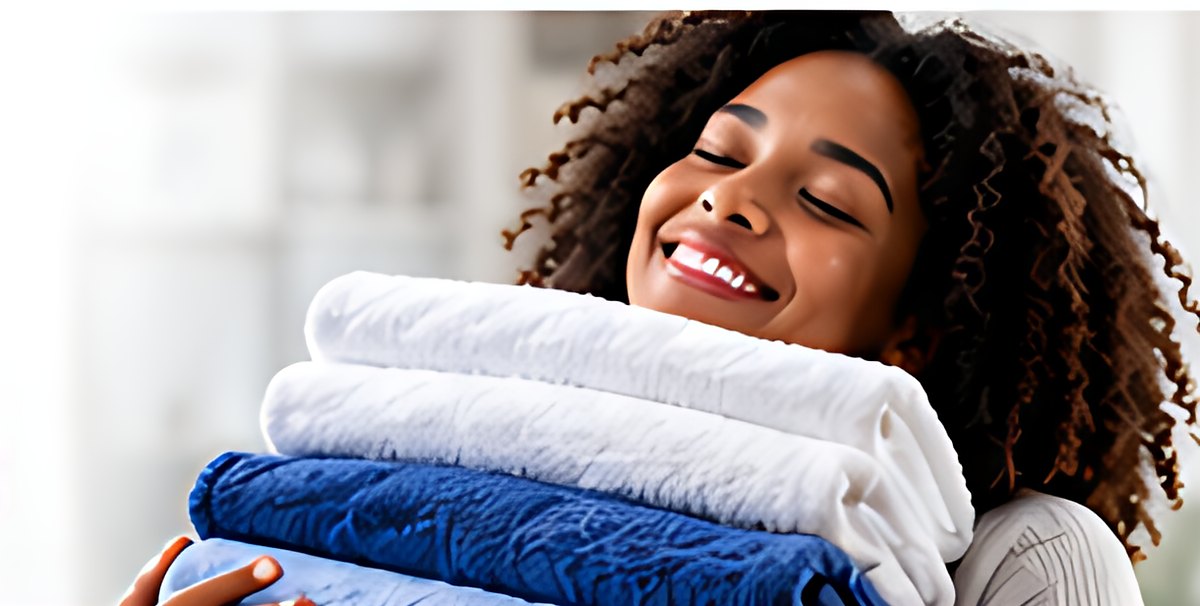 Happy customer hugging fresh towels