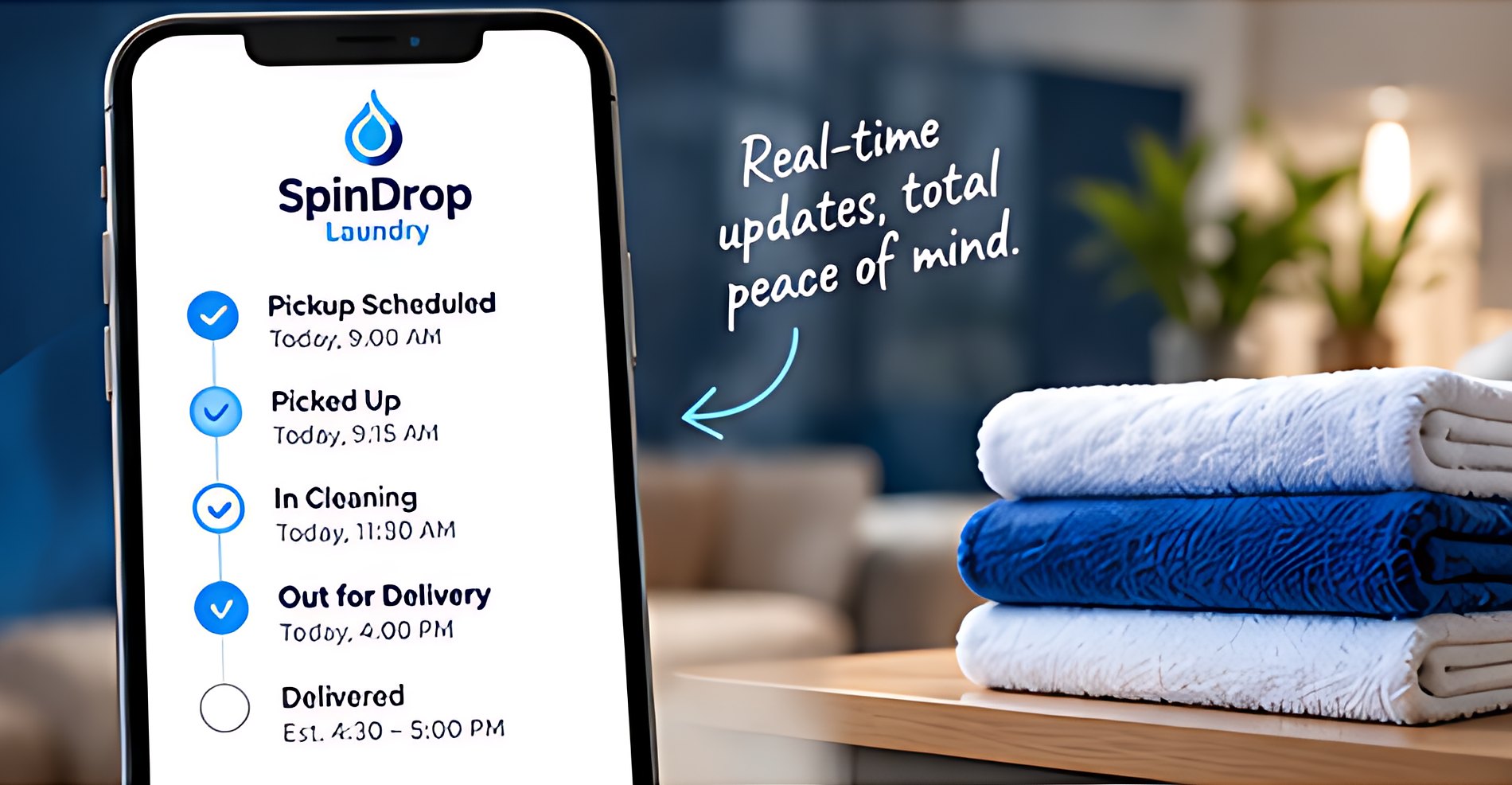 SpinDrop Laundry team member with fresh laundry and the SpinDrop van